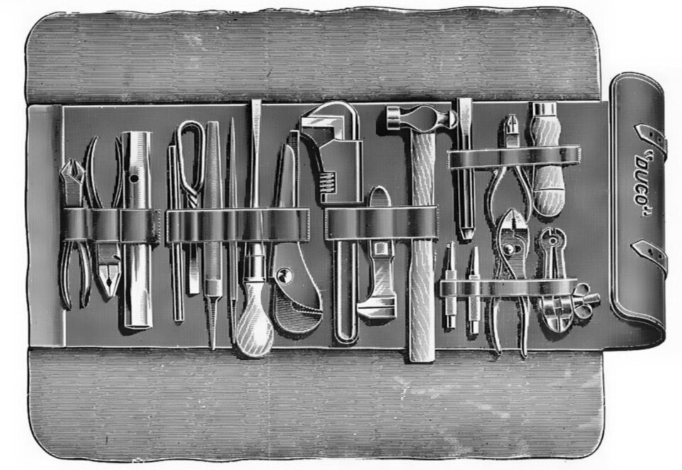 Leather tool roll with tools